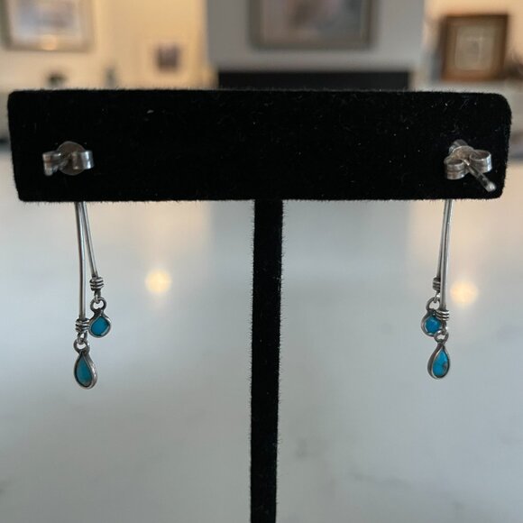 Vintage Dainty Sterling Silver (925) & Turquoise Dangle Earrings 1.5" drop Sz OS - Picture 3 of 10